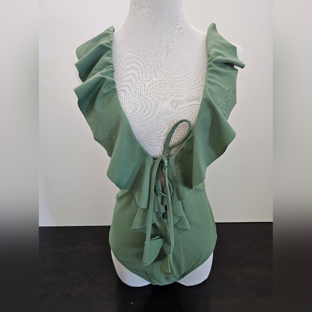 NWT Beach Joy Sage Green Cascading Ruffle One Piece Swimsuit - Large